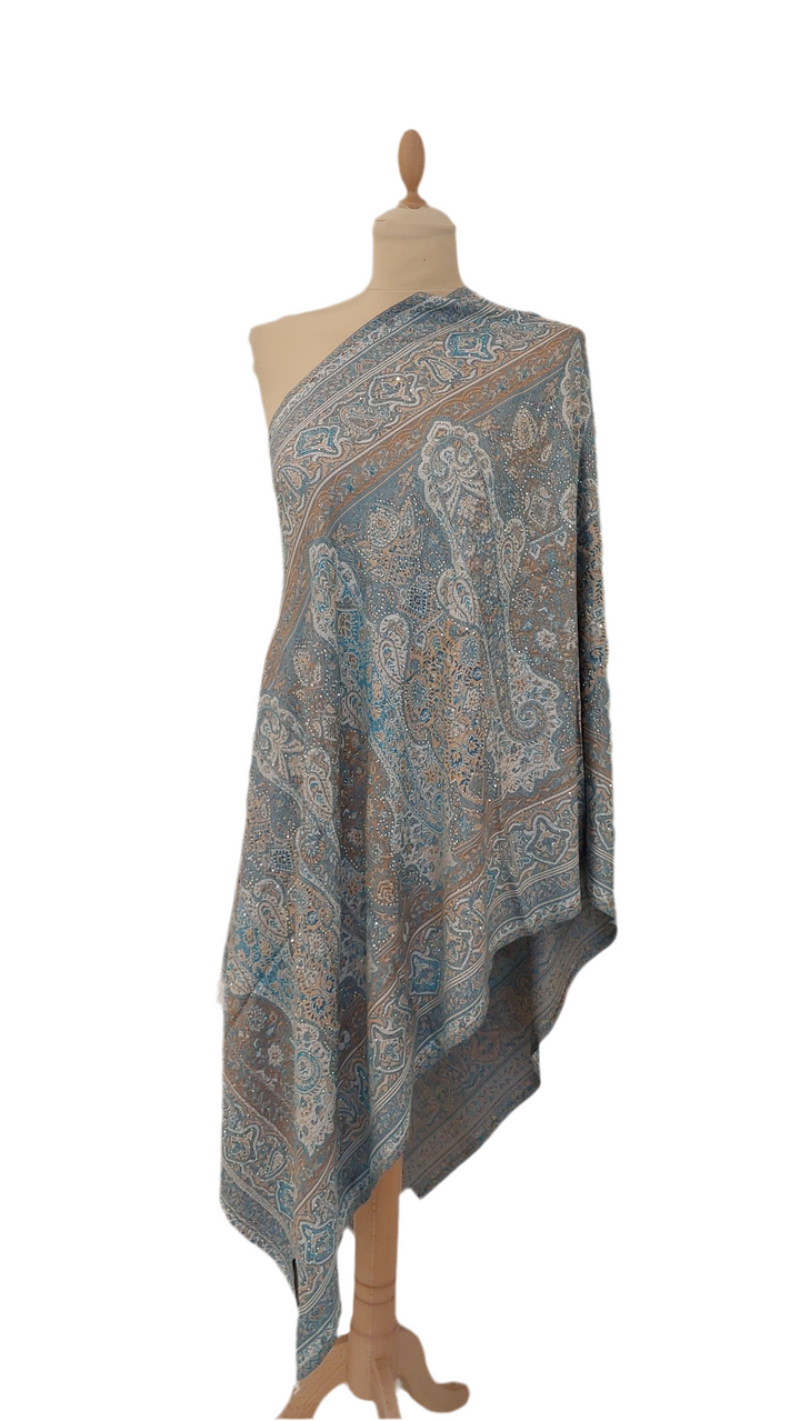 Simi Turquoise and Brown Cashmere with Rhinestones Scarf