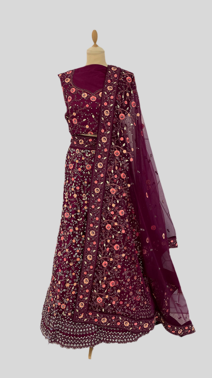 Shagun Wine Coloured Lehenga (Unstitched) | Inaayat by Divya Taimni