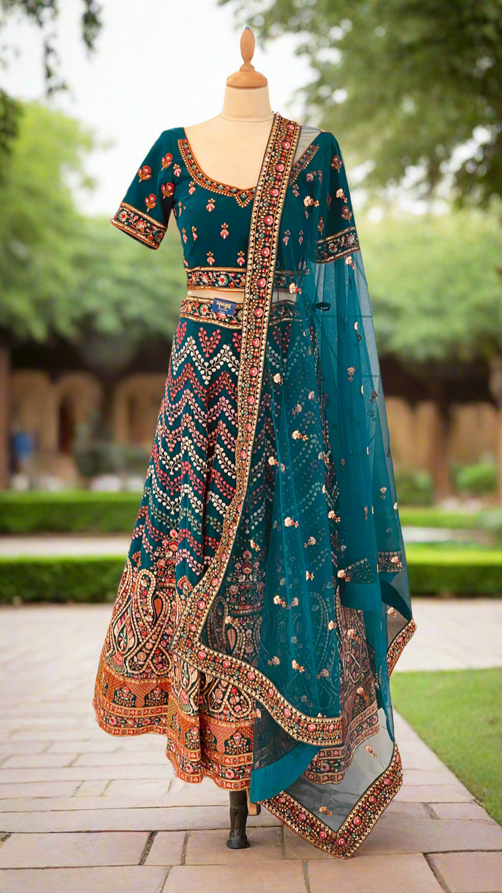 Shagun Peacock Blue Geometric Colorful Dotted Chevron Design Lehenga Set (Ready to Wear)