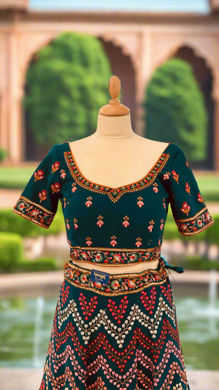 Shagun Peacock Blue Geometric Colorful Dotted Chevron Design Lehenga Set (Ready to Wear)