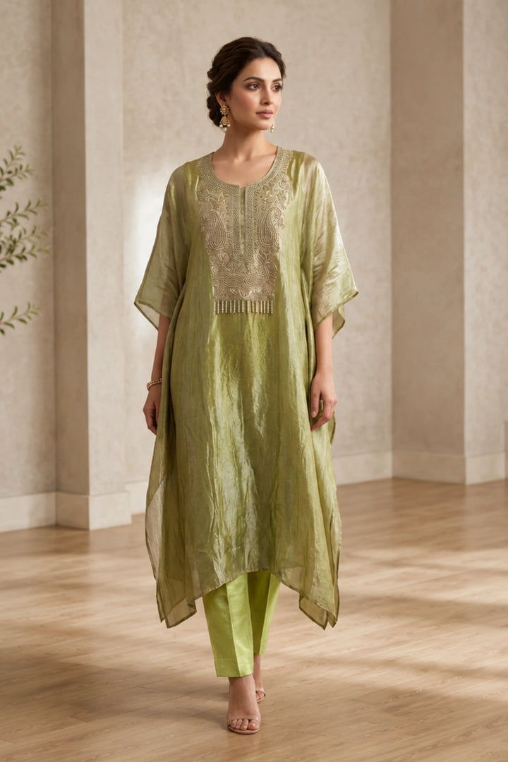 Pista Stillness Embellished Kaftan Set| Basanti Kapde Aur Koffee