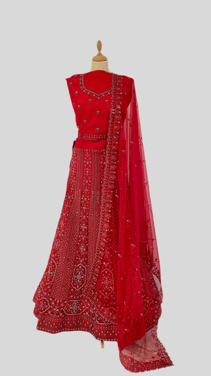 Shagun Cherry Red with Rhinestone Lehenga (Unstitched)| Inaayat by Divya Taimni