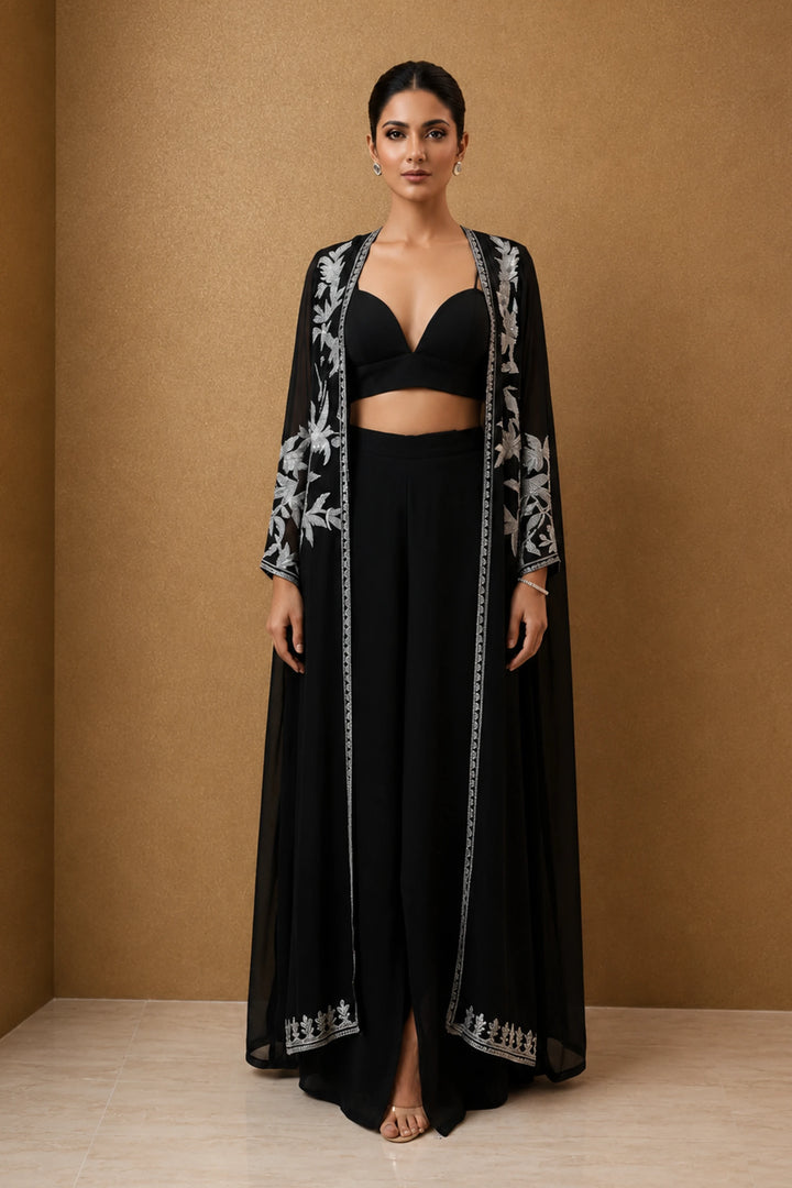 Black Embroidered Cape Set|VARUN BAHL