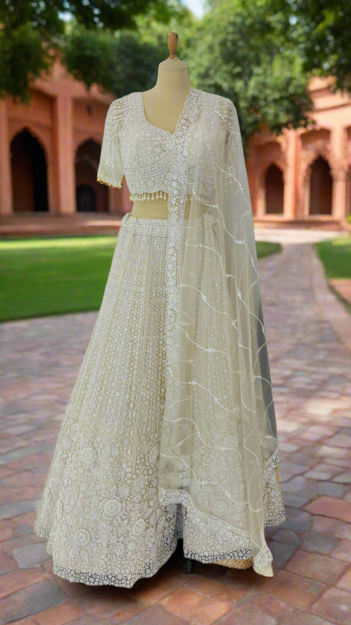 Shagun Ornately Beaded White Lehenga Set with 3D Pearl Flowers | Inaayat by Divya Taimni