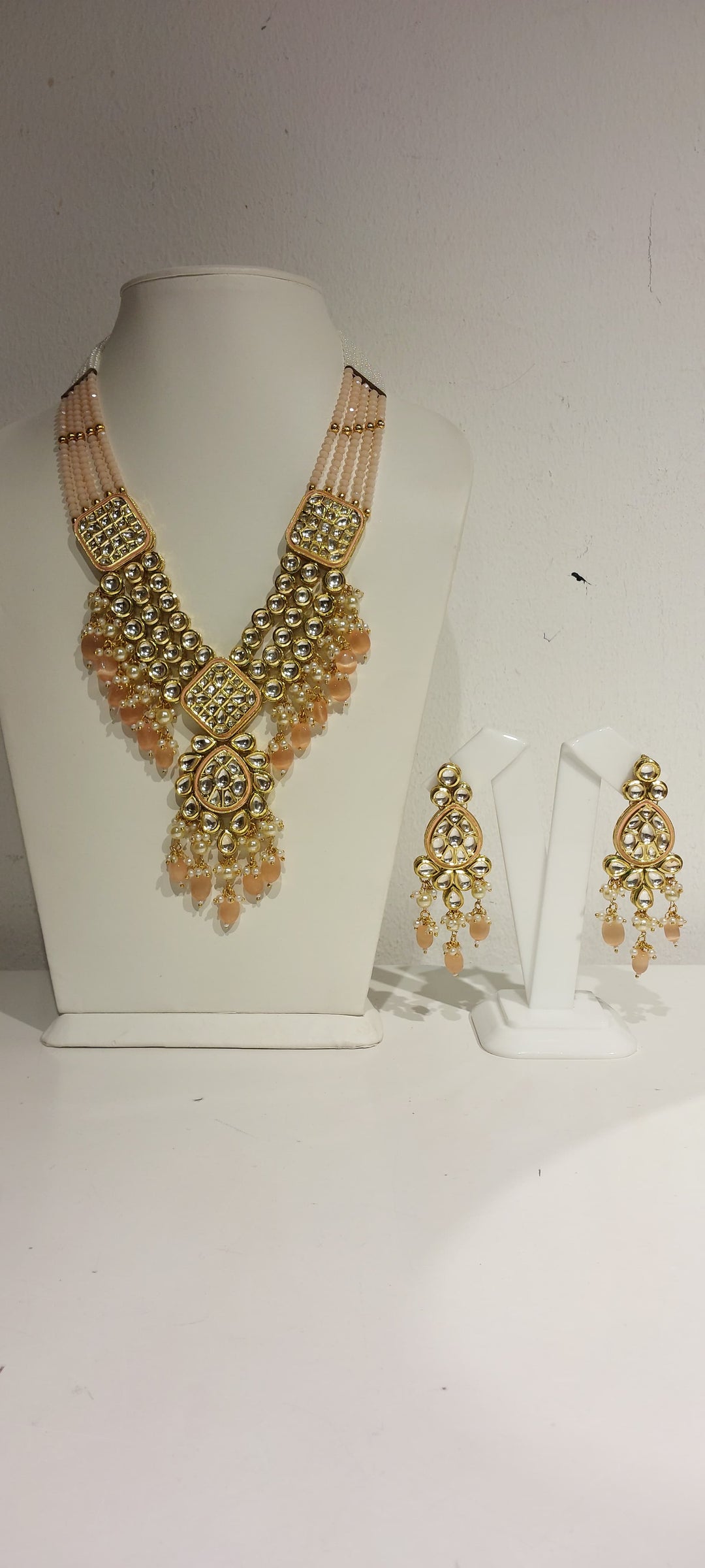 Xenia Kundan and Peach Beaded Necklace and Earrings Set|Inaayat by Divya Taimni