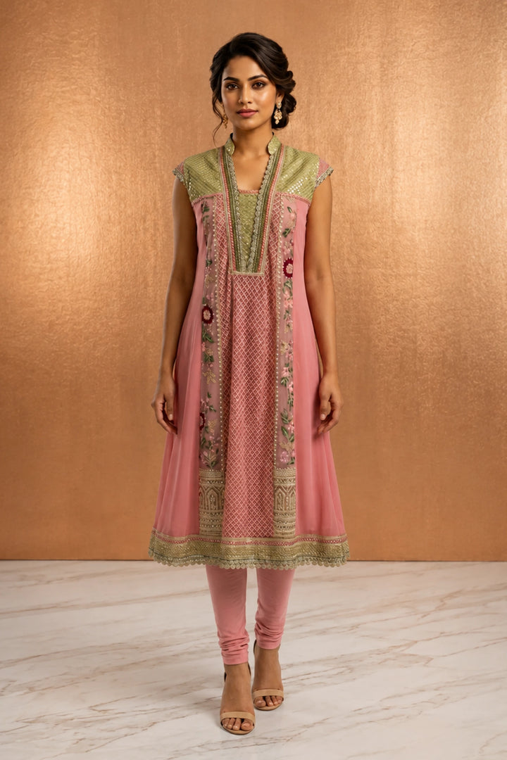 Rose pink and green Kali kurta top with slip and churidar| Private Collections