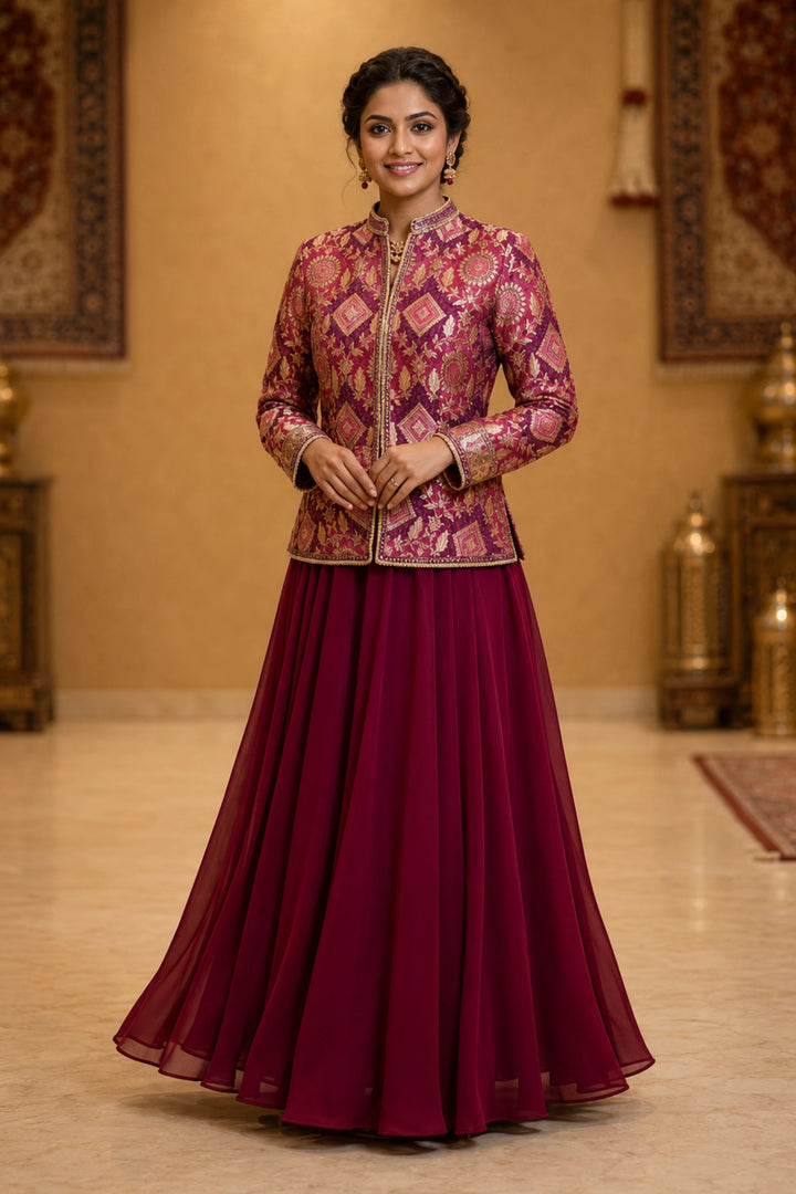 Magenta bandhani jacket with a Georgette sharara| Private Collections