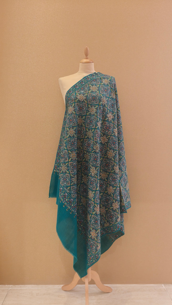 Turquoise Sozni Jamawar Pashmina Shawl|House Of Inaayat