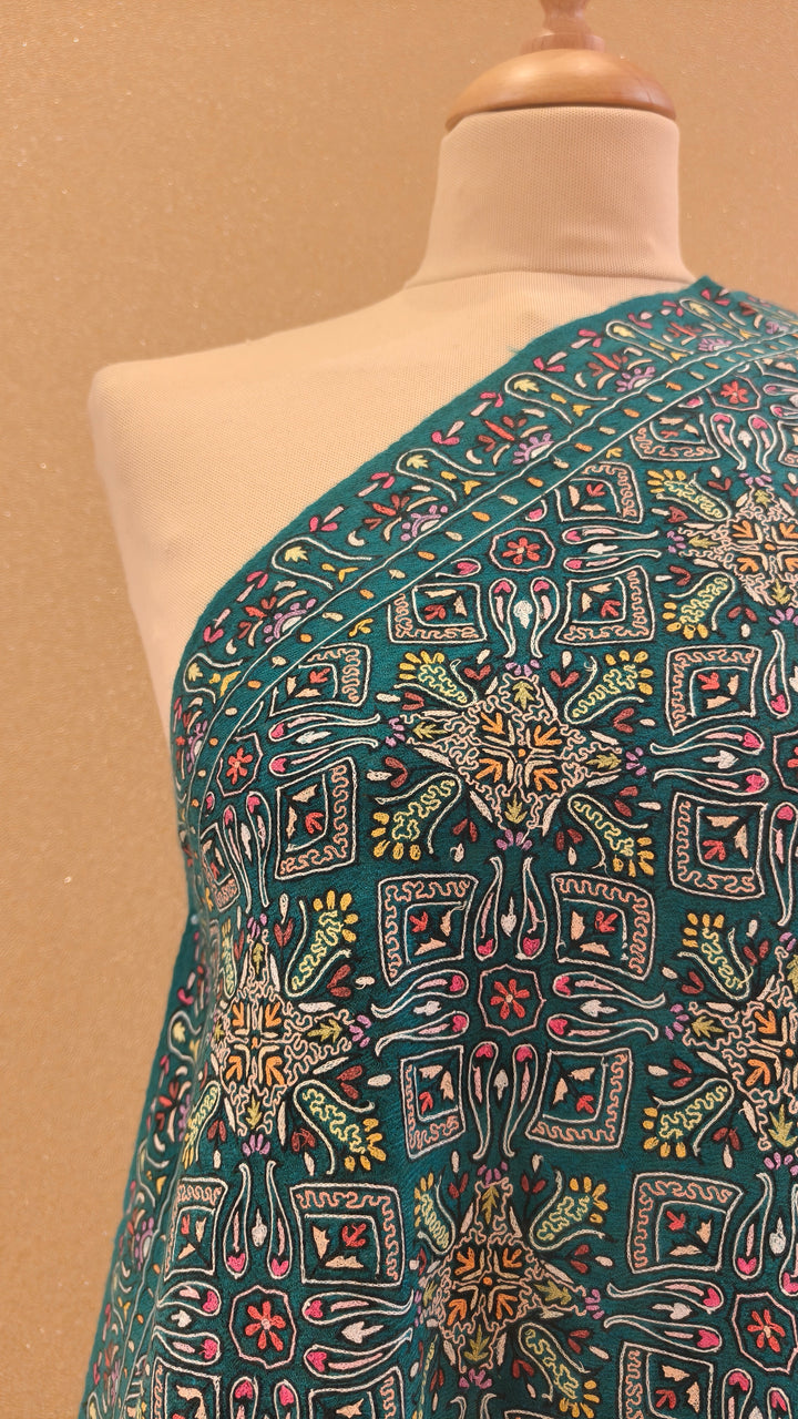Turquoise Sozni Jamawar Pashmina Shawl|House Of Inaayat