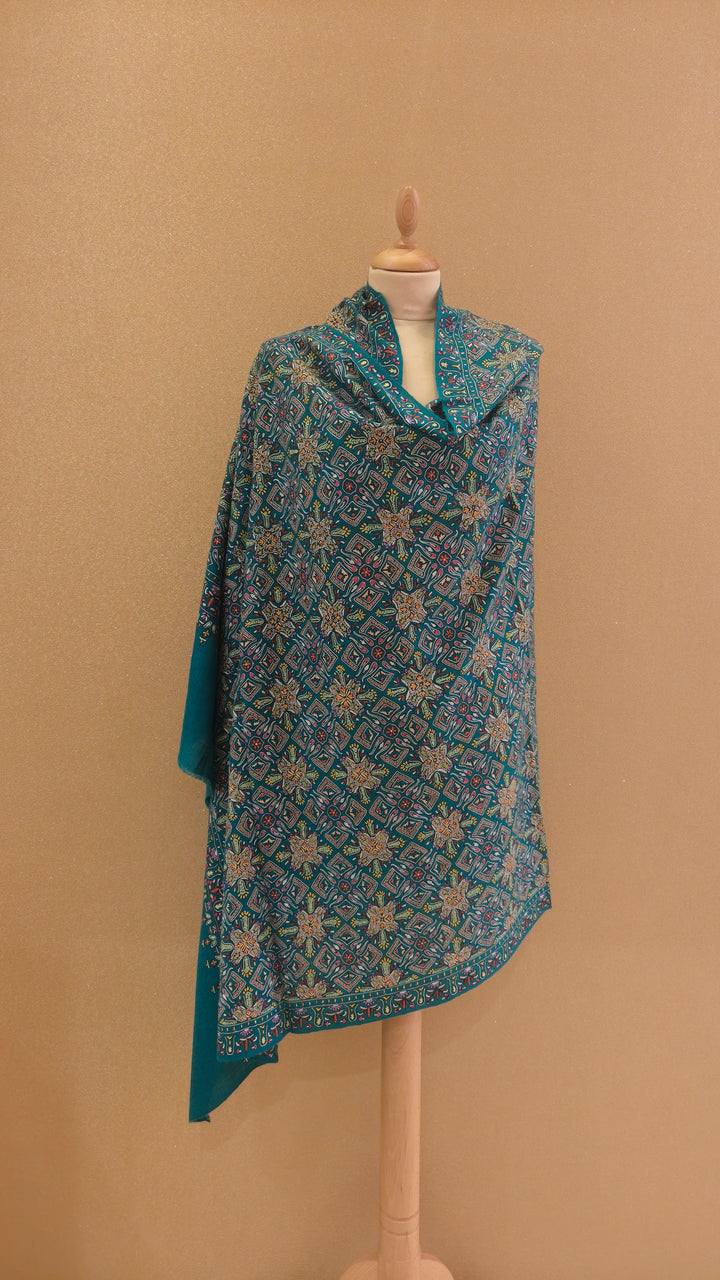 Turquoise Sozni Jamawar Pashmina Shawl|House Of Inaayat