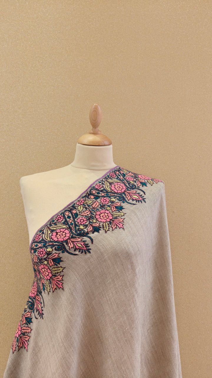 Beige plain Pashmina Border work Shawl  |House Of Inaayat