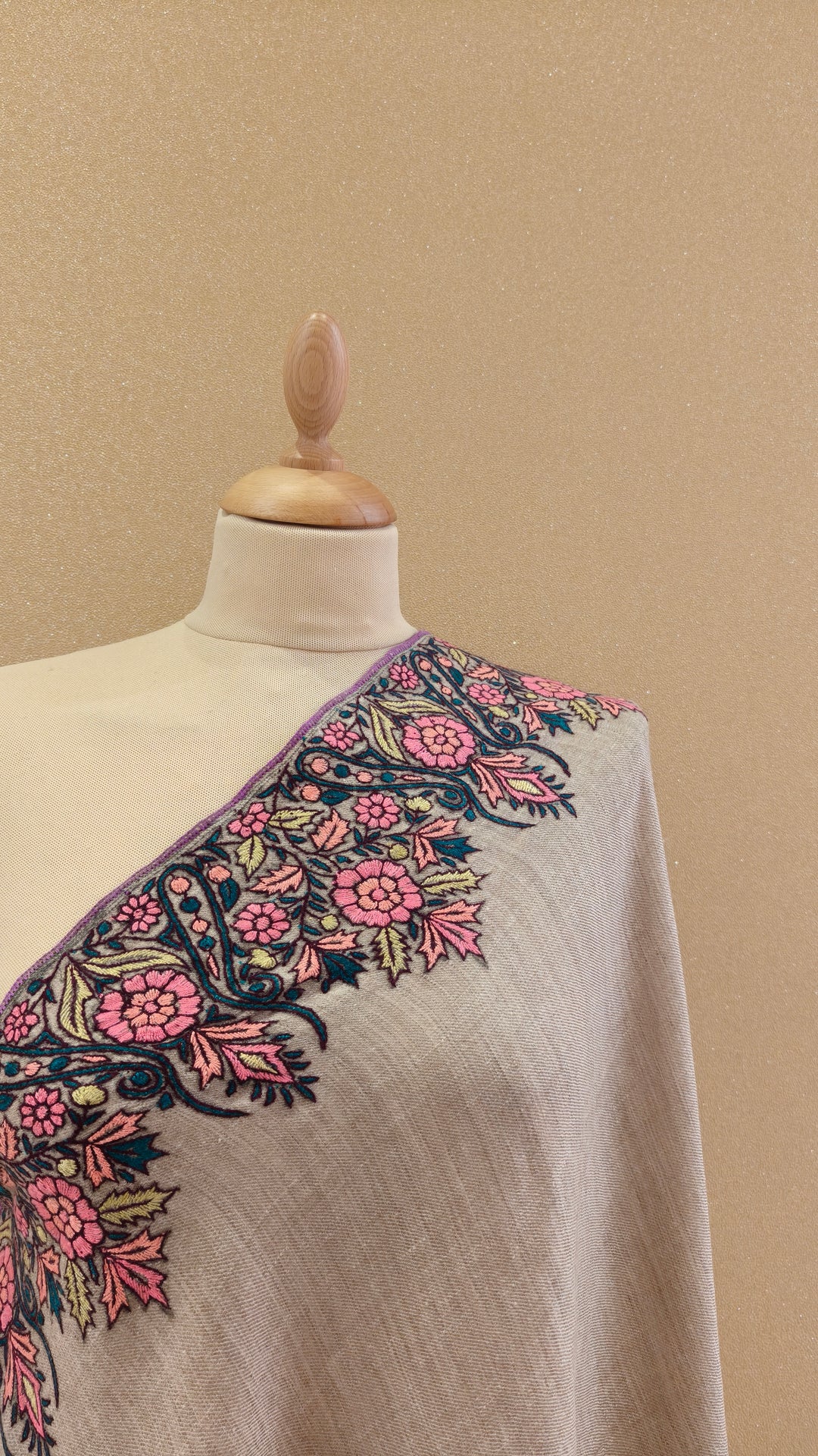 Beige plain Pashmina Border work Shawl  |House Of Inaayat