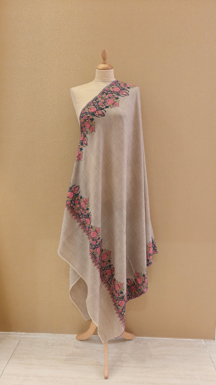 Beige plain Pashmina Border work Shawl  |House Of Inaayat