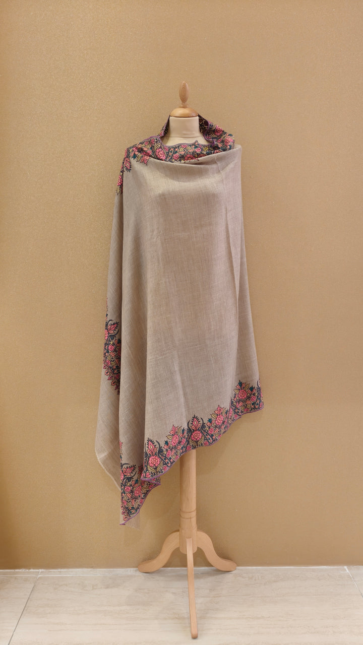 Beige plain Pashmina Border work Shawl  |House Of Inaayat