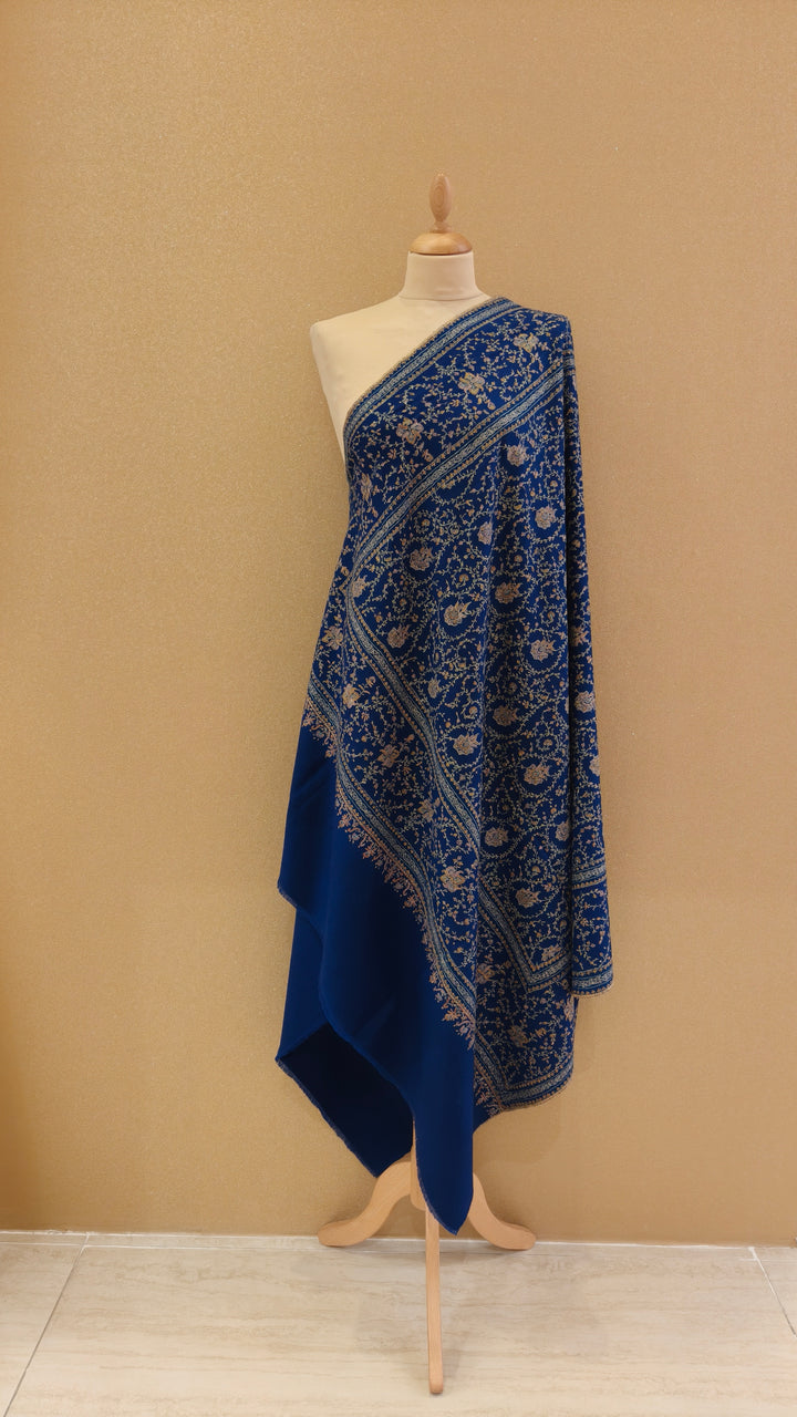 Royal Blue & Beige Pashmina Shawl|House Of Inaayat