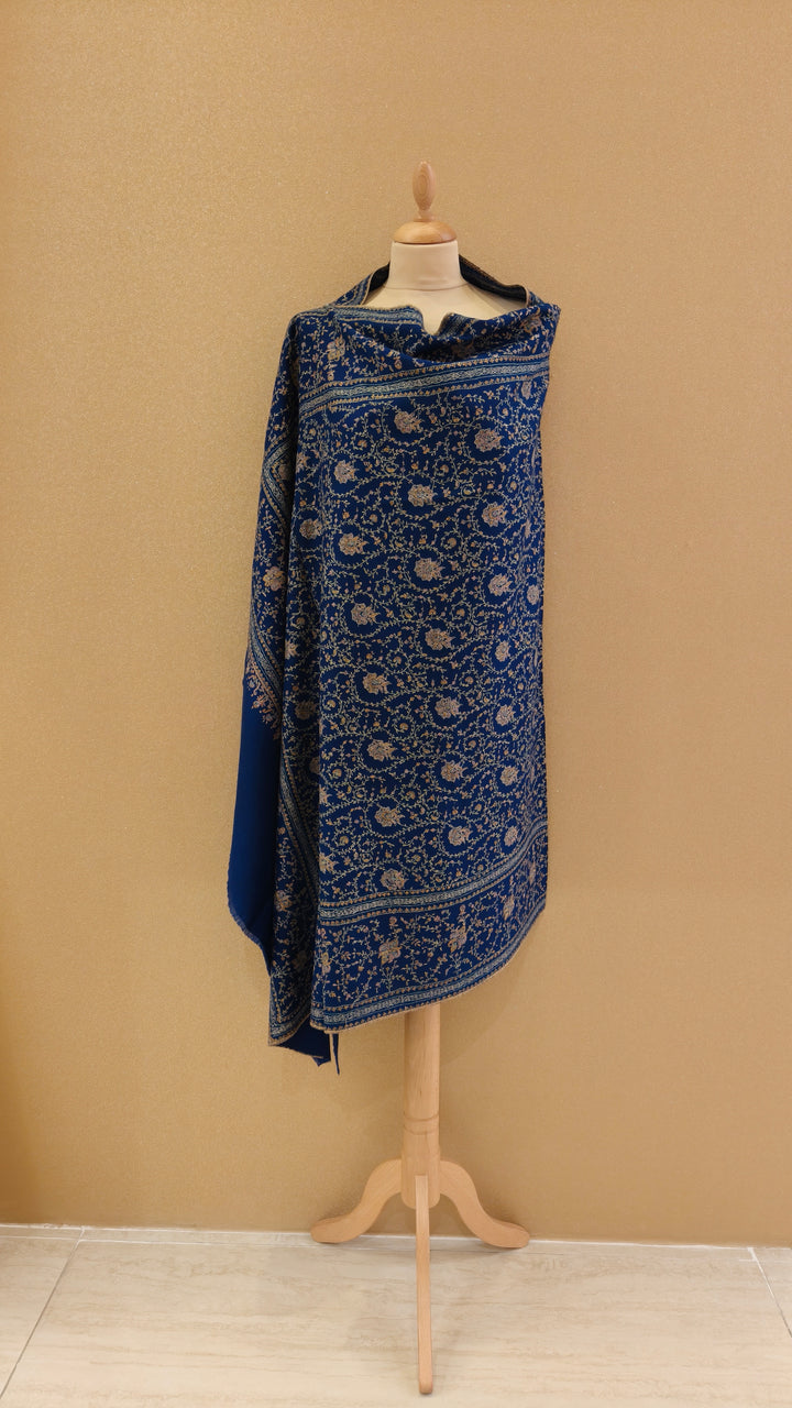 Royal Blue & Beige Pashmina Shawl|House Of Inaayat
