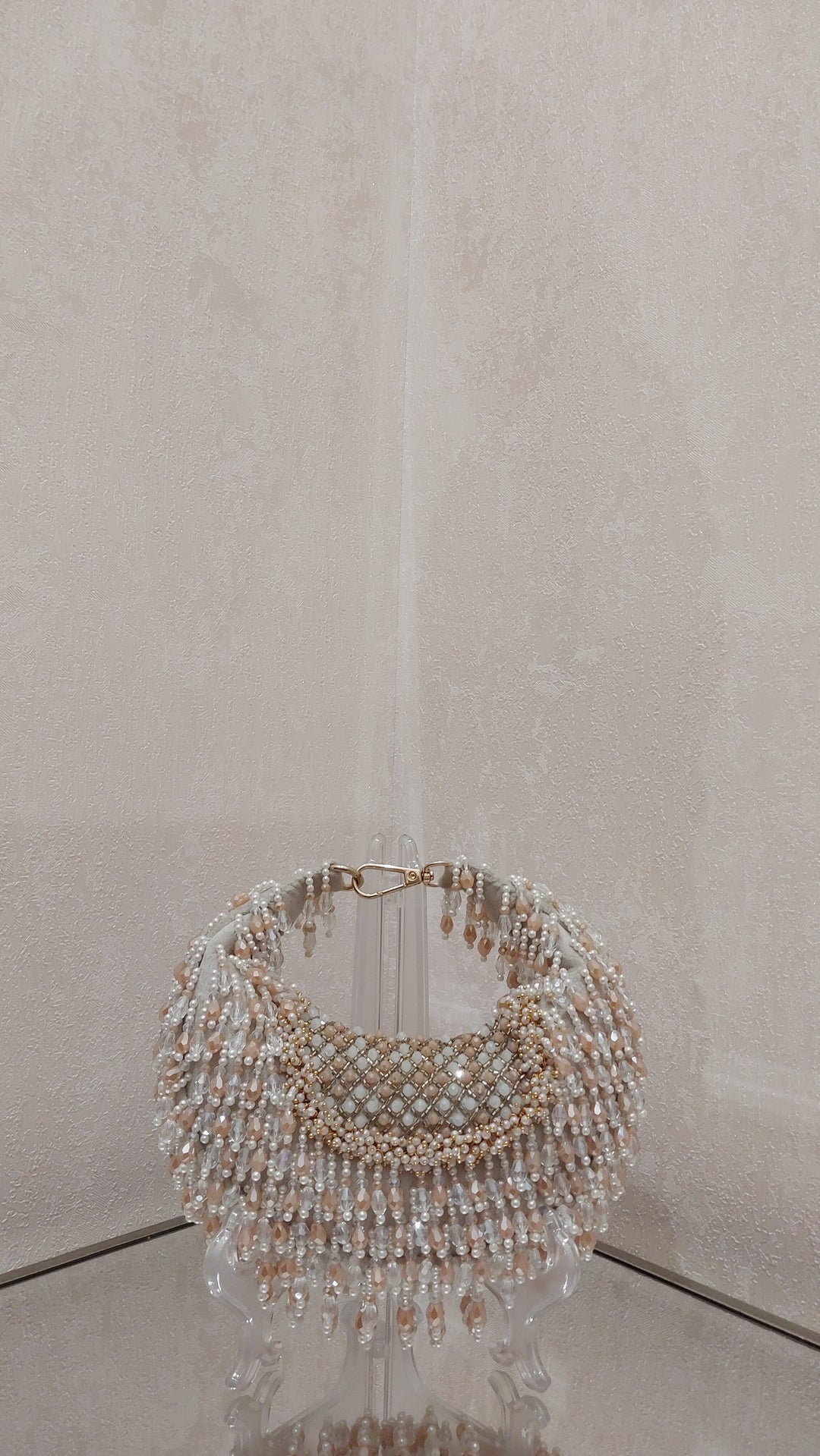 Champagne & Pearl Beaded Crescent Bag| Al Falah