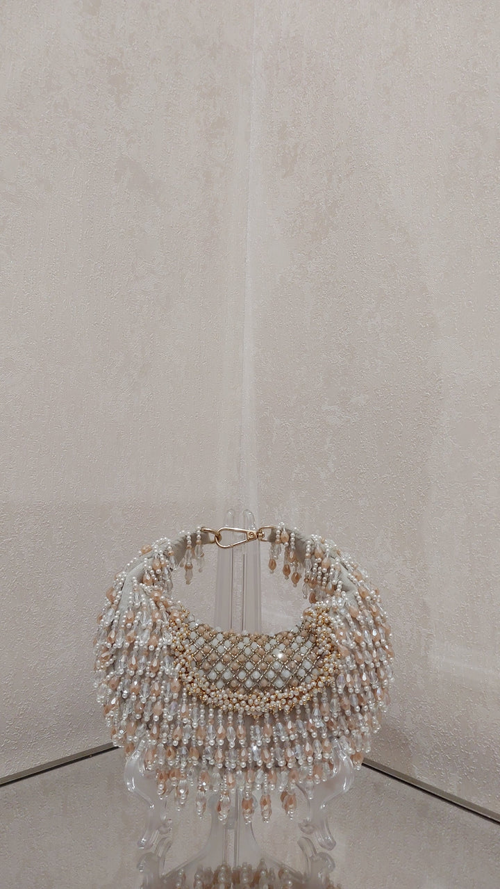 Champagne & Pearl Beaded Crescent Bag| Al Falah