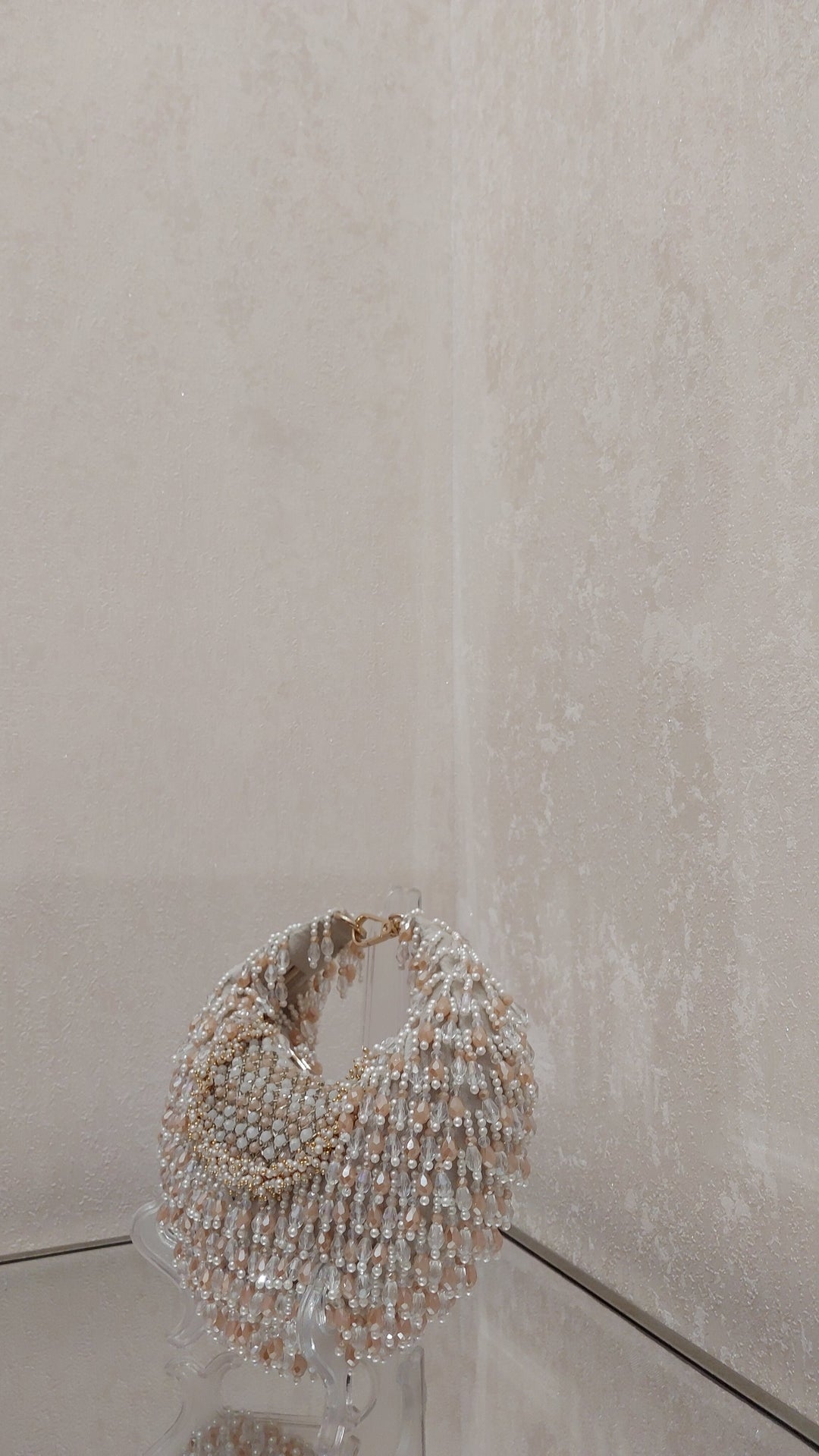 Champagne & Pearl Beaded Crescent Bag| Al Falah