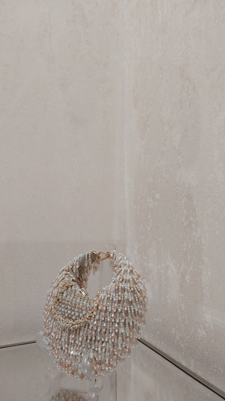 Champagne & Pearl Beaded Crescent Bag| Al Falah