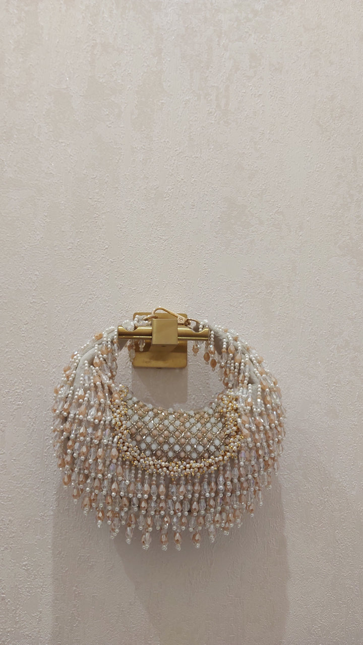 Champagne & Pearl Beaded Crescent Bag| Al Falah