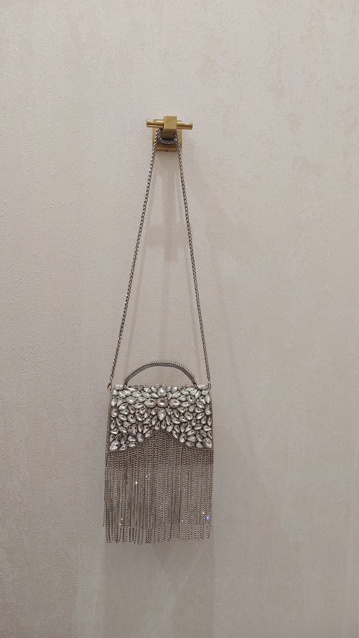 Silver Crystal Fringe Flap Clutch| Al Falah