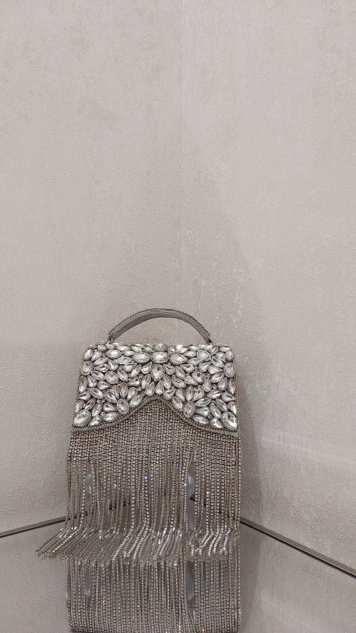 Silver Crystal Fringe Flap Clutch| Al Falah