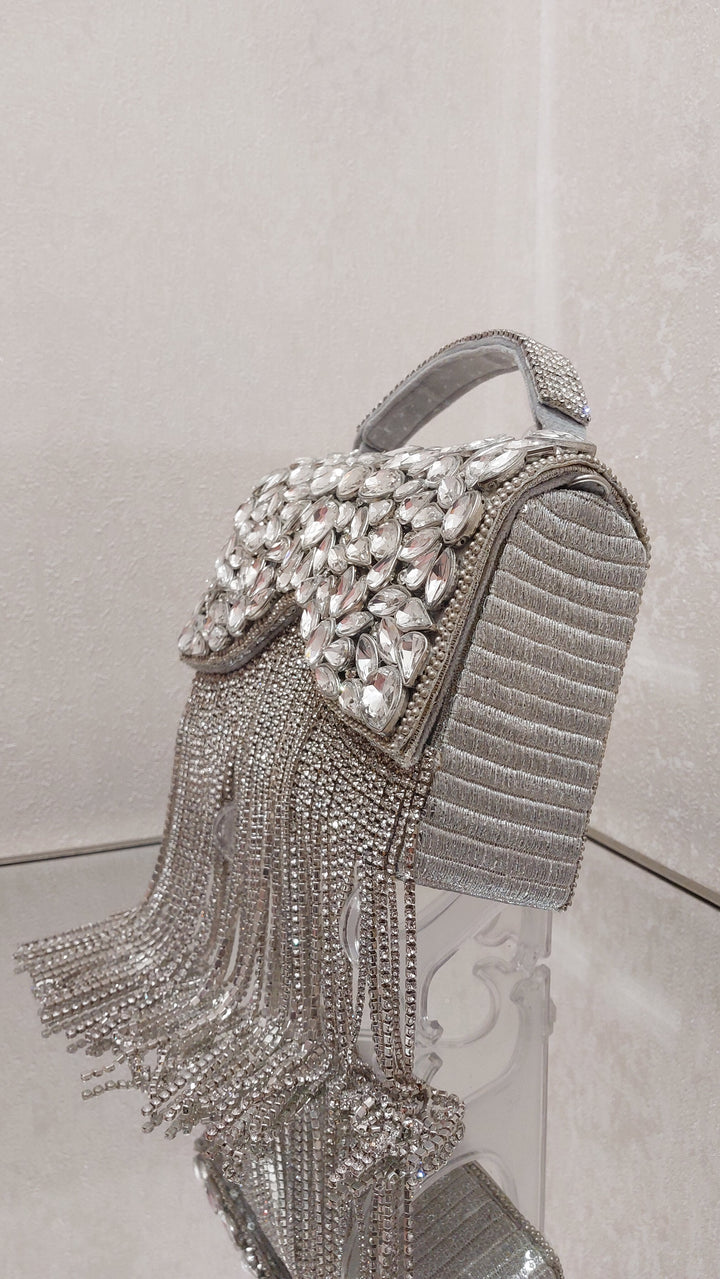 Silver Crystal Fringe Flap Clutch| Al Falah