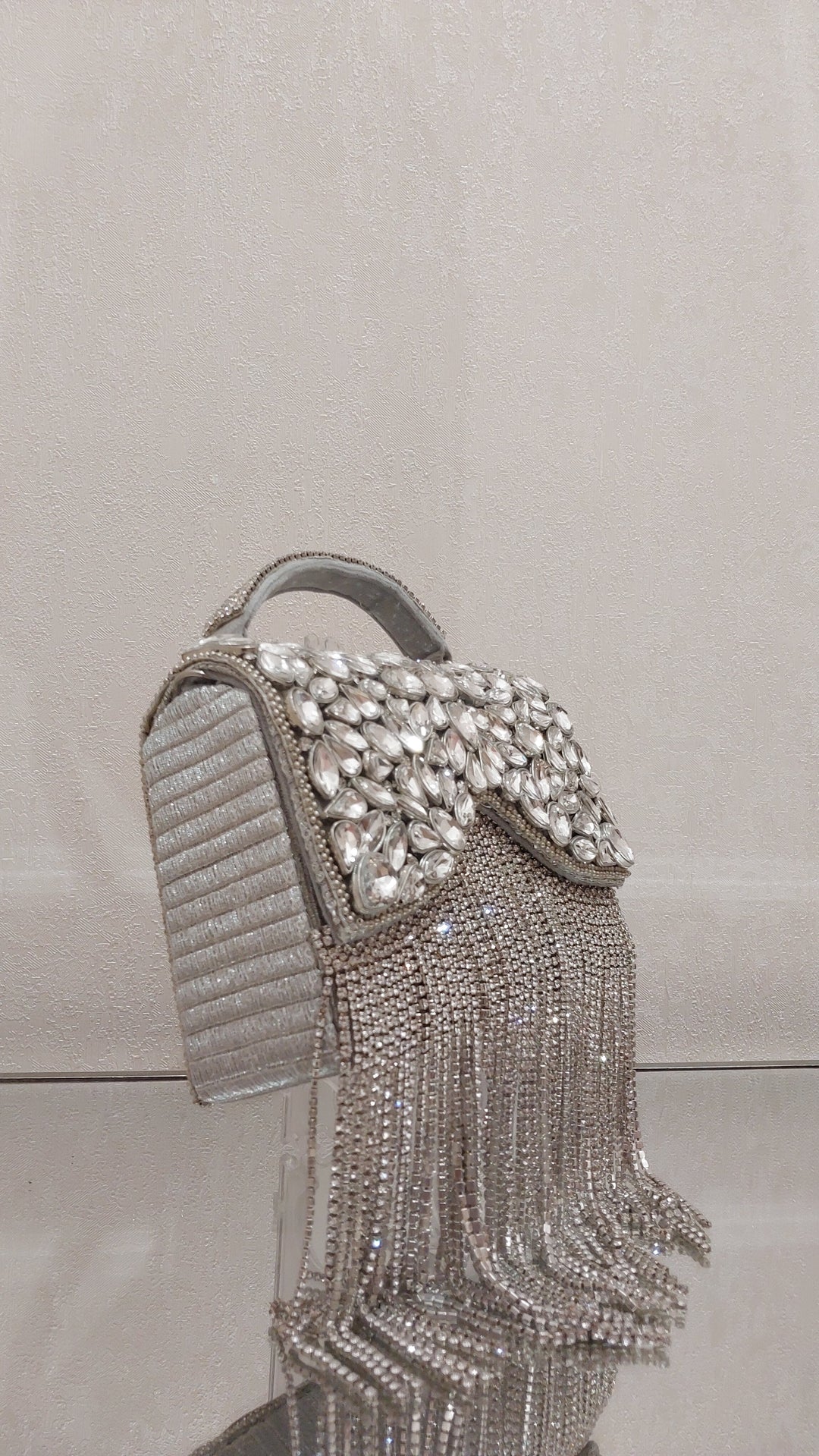 Silver Crystal Fringe Flap Clutch| Al Falah