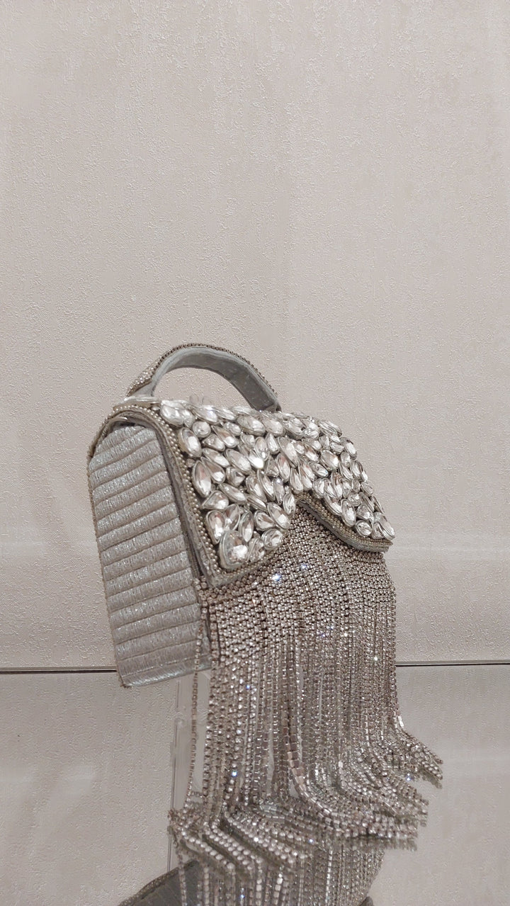 Silver Crystal Fringe Flap Clutch| Al Falah