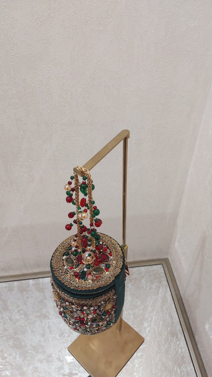 Emerald Green Jewel Embellished Bucket Clutch| Al Falah