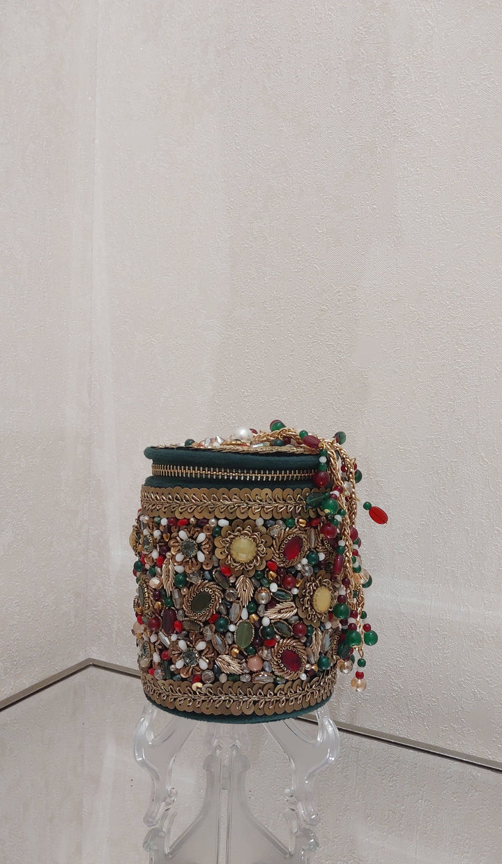 Emerald Green Jewel Embellished Bucket Clutch| Al Falah