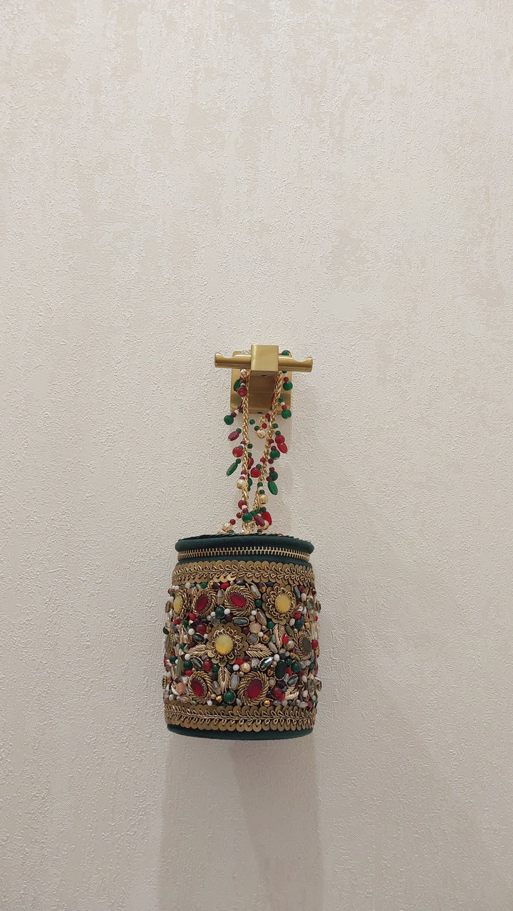 Emerald Green Jewel Embellished Bucket Clutch| Al Falah