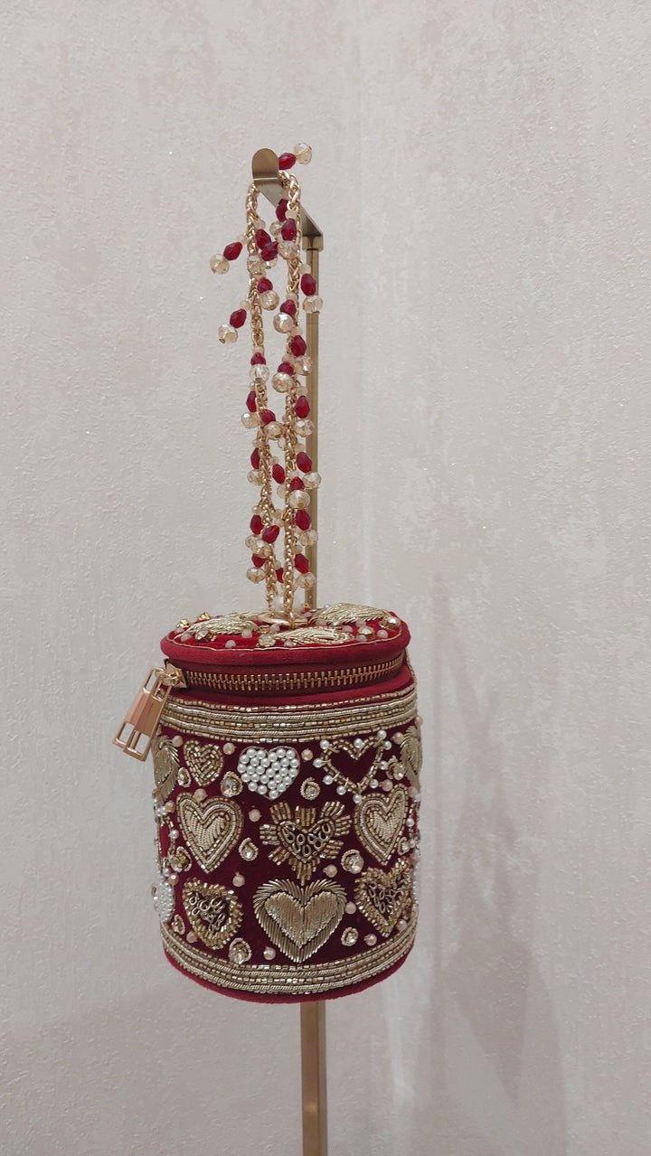 Maroon Heart Embellished Bucket Clutch| Al Falah