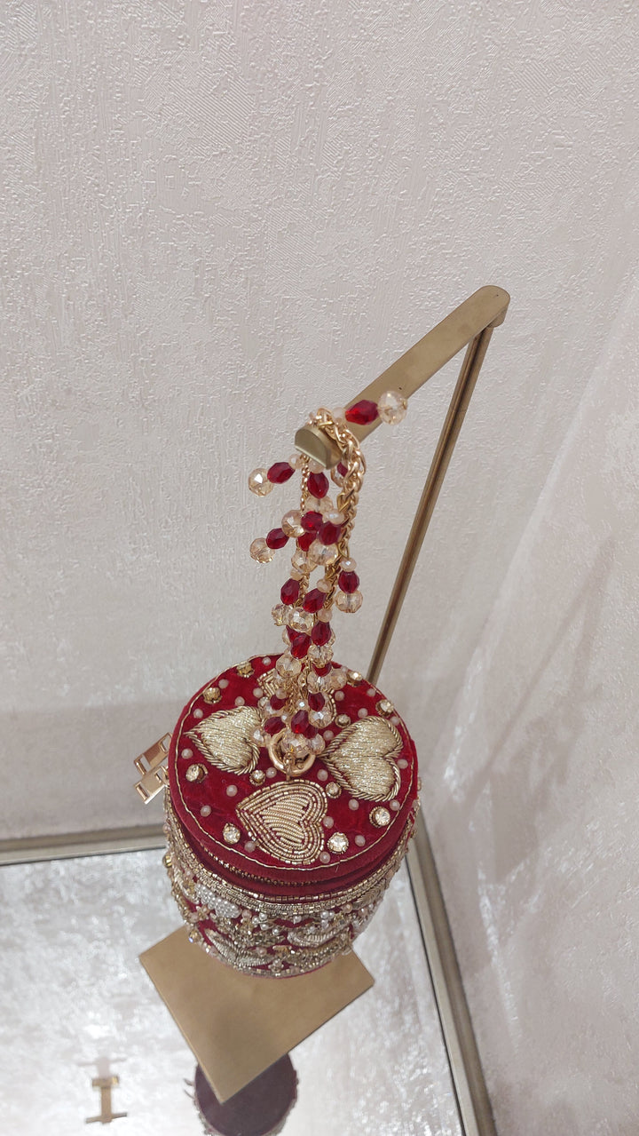 Maroon Heart Embellished Bucket Clutch| Al Falah