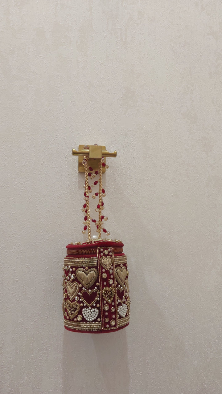 Maroon Heart Embellished Bucket Clutch| Al Falah