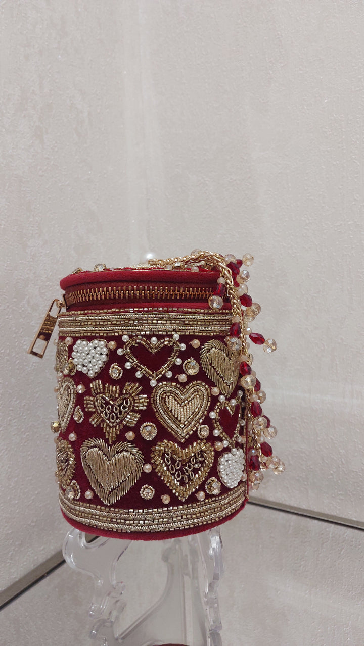 Maroon Heart Embellished Bucket Clutch| Al Falah