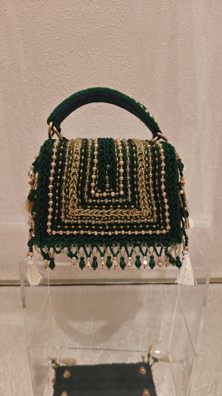 Emerald Green Beaded Flap Handbag| Al Falah