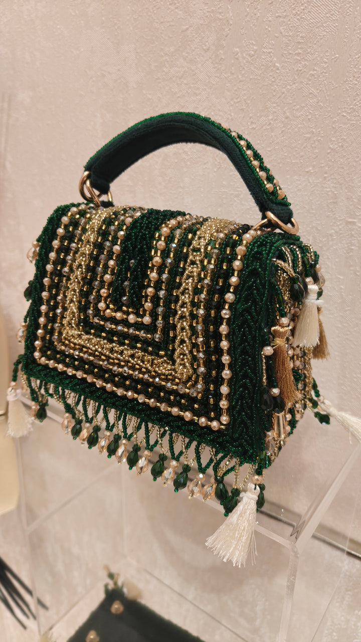 Emerald Green Beaded Flap Handbag| Al Falah