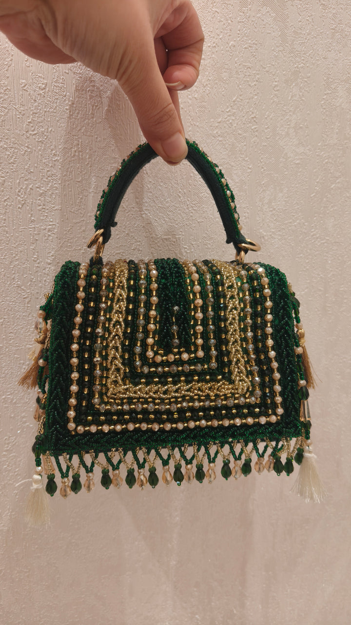 Emerald Green Beaded Flap Handbag| Al Falah