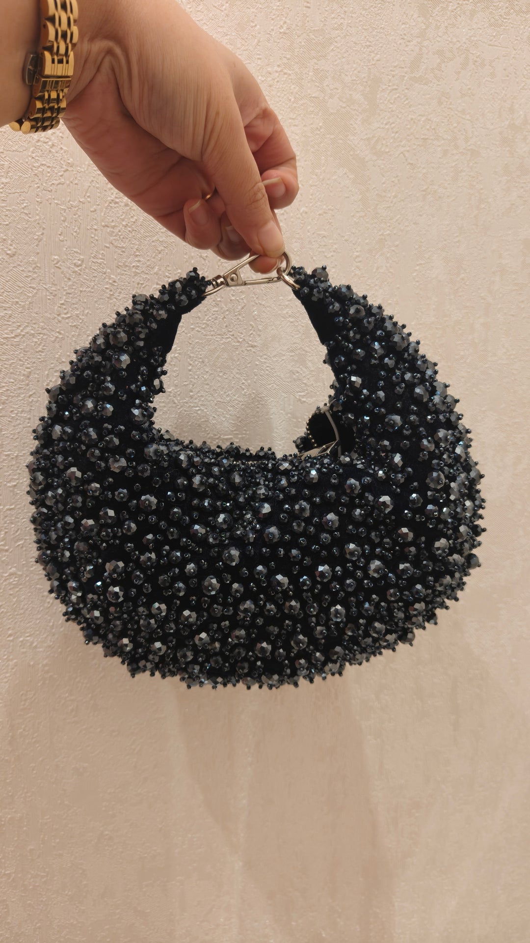 Midnight Blue Crystal Beaded Crescent Bag| Al Falah
