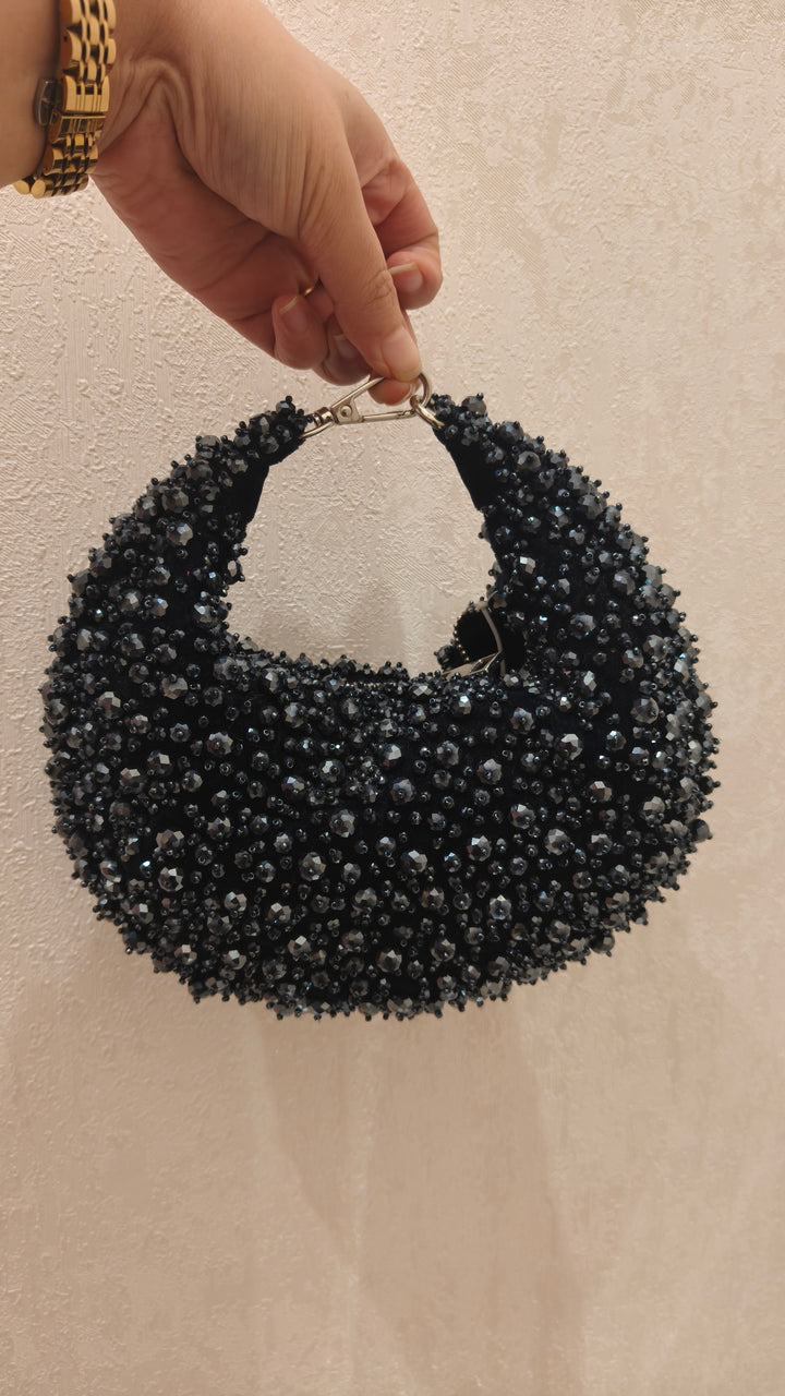 Midnight Blue Crystal Beaded Crescent Bag| Al Falah