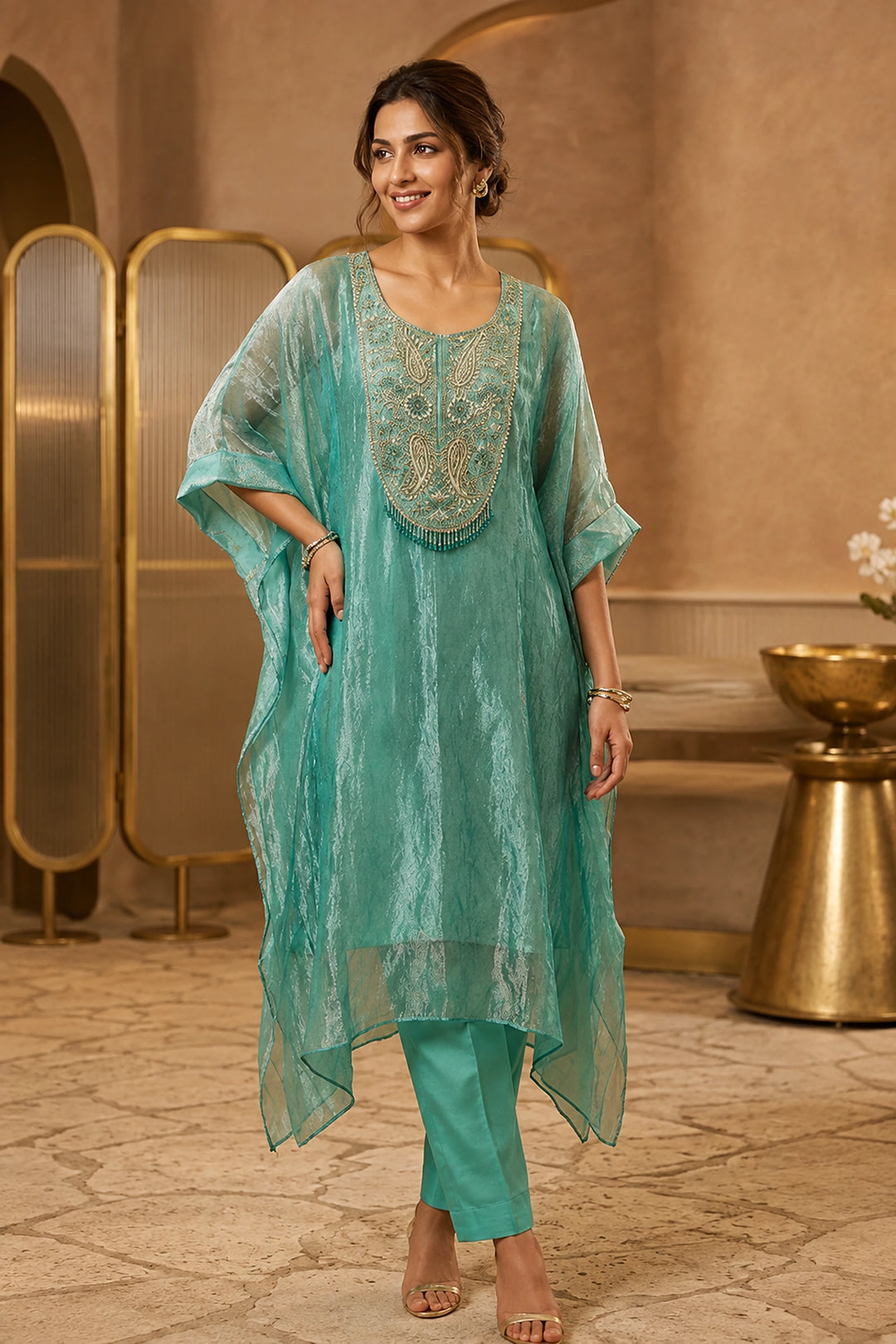 Aqua Stillness Embellished Kaftan Set| Basanti Kapde Aur Koffee