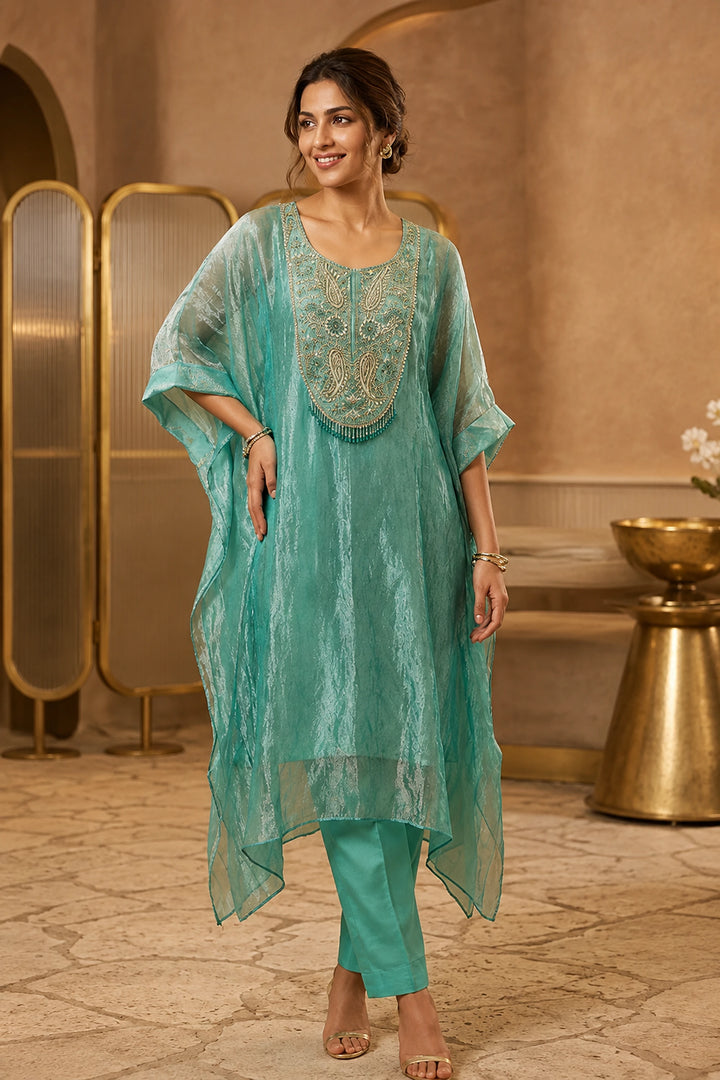 Aqua Stillness Embellished Kaftan Set| Basanti Kapde Aur Koffee