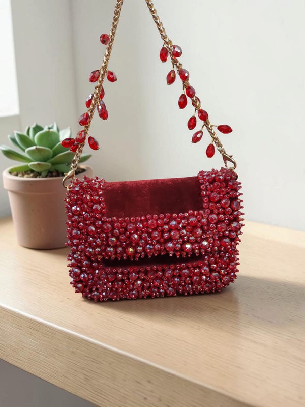 Red Velvet Beaded Clutch| Al Falah