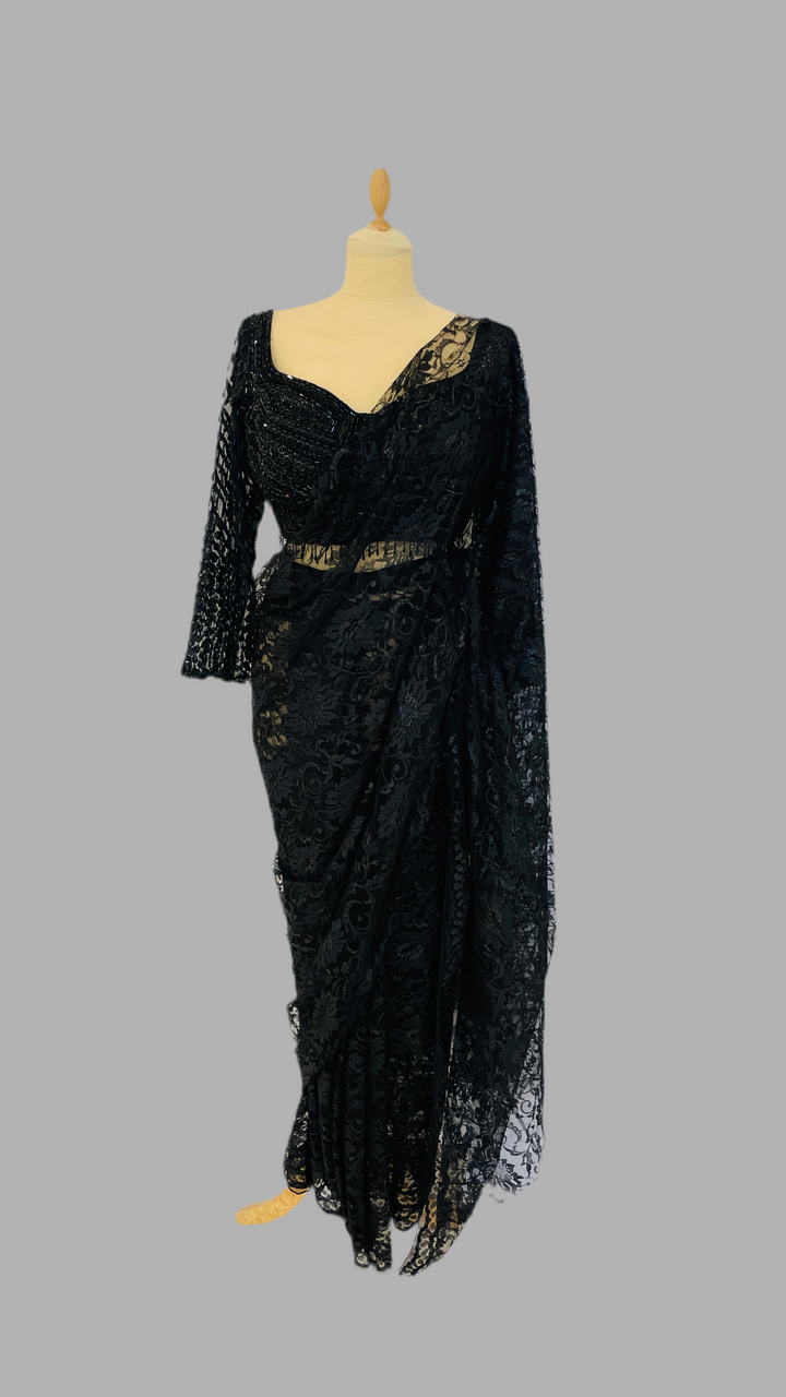 Black Beaded Chantilly Lace Pre-Stitched Saree (Ready to Wear)