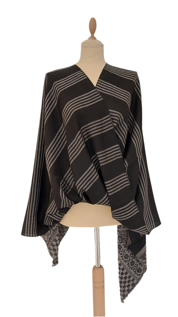 Black and Grey Stripe Cashmere Scarf | House of Inaayat