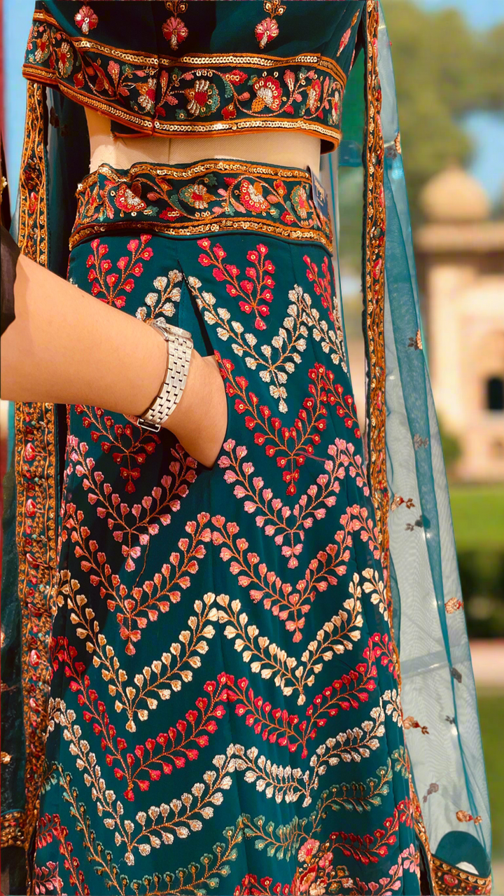 Shagun Peacock Blue Geometric Colorful Dotted Chevron Design Lehenga Set (Ready to Wear)
