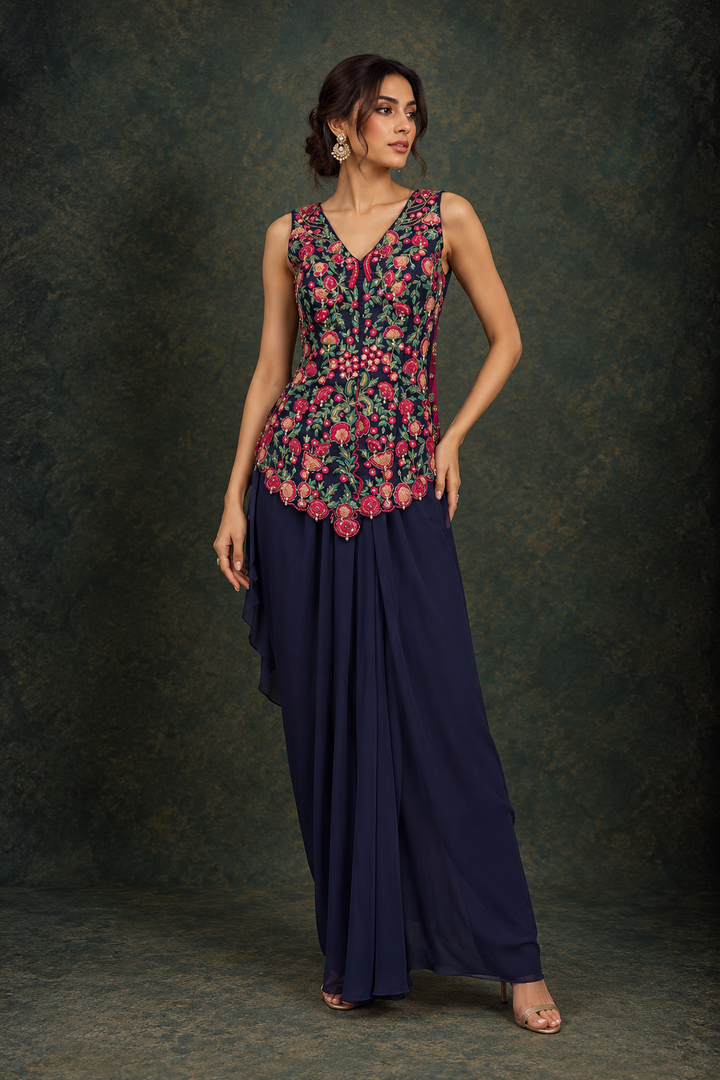 Purple Embellished Peplum Top with Drape Skirt| AURAROZE