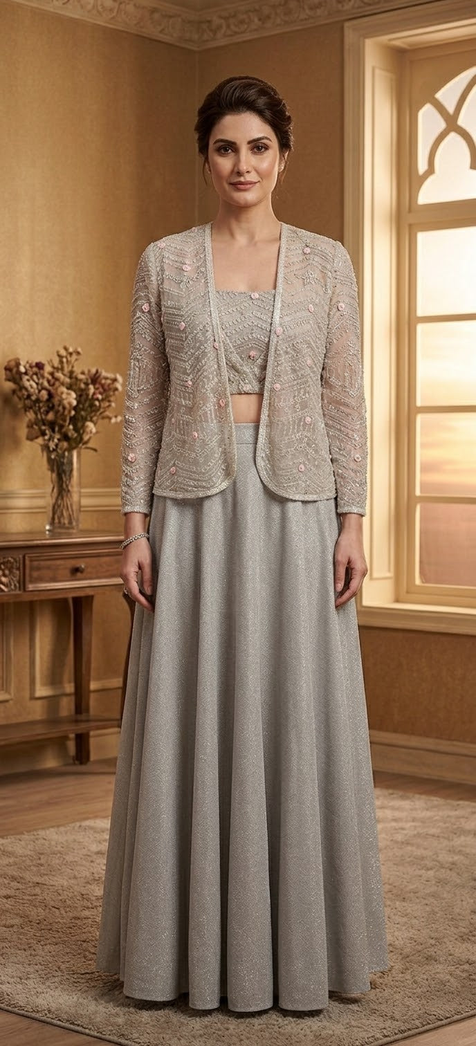 Light Pink Slit Jacket With Inner Tube and Shimmer Lycra Skirt| Private Collections
